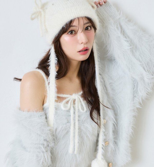  「ビジュー＆ポンポン付きシャギー猫耳ビーニー」|その他|