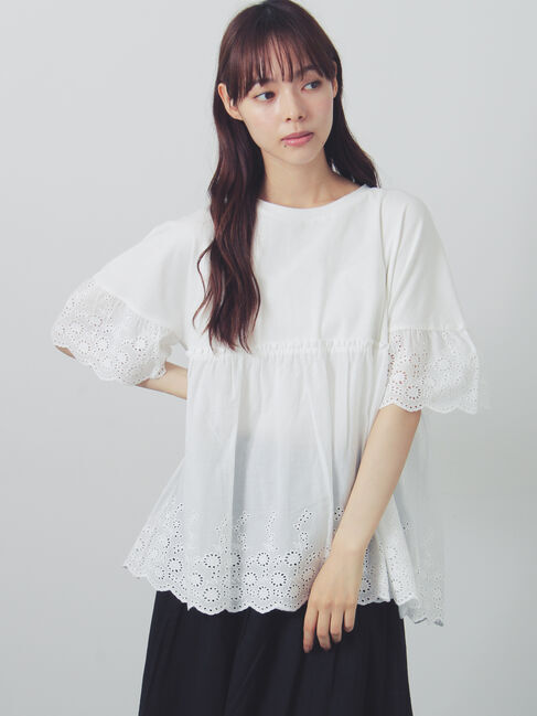 Samansa Mos2「【接触冷感】スカラップレース切替カットソー」|Tシャツ・カットソー|オフホワイト