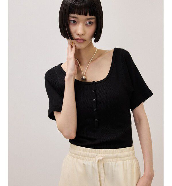 ADAM ET ROPE'「ハーフスリーブリブTシャツ」|Tシャツ・カットソー|ブラック(01)