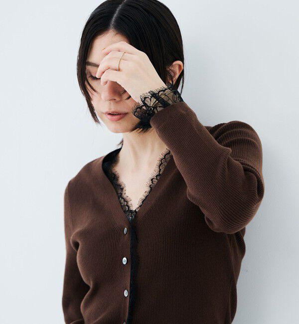 NOLLEY'S sophi「《手洗い可能》レース付きリブVネックカーディガン」|カーディガン|
