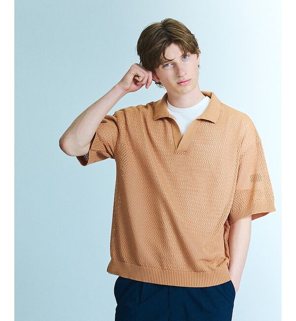 ABAHOUSE「シアーメッシュ スキッパー ニットポロ」|ポロシャツ|オレンジ