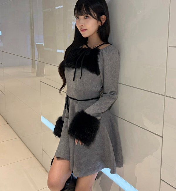  「フェイクファーくびれニットミニワンピ【SMサイズ展開】」|ワンピース|