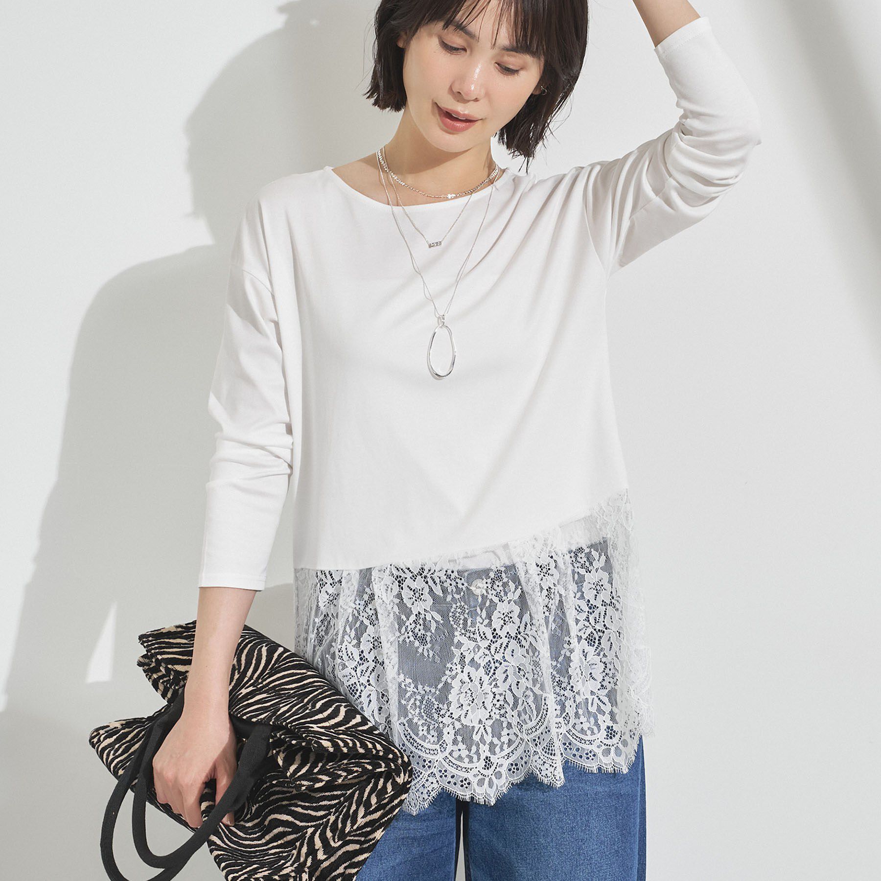 INDIVI「【洗える／レイヤードにおすすめ】裾レーストップス」|Tシャツ・カットソー|オフホワイト(003