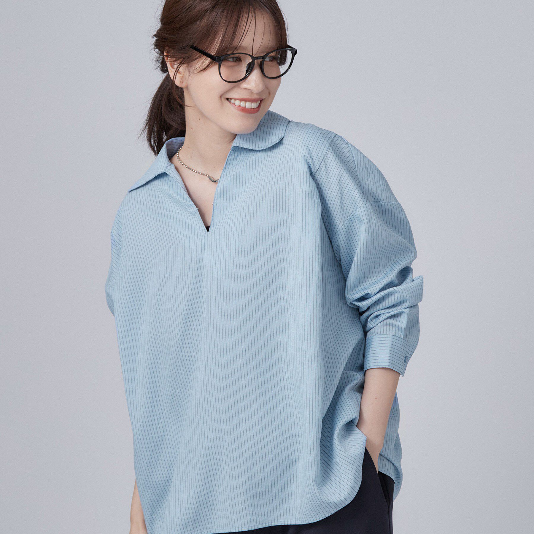 SHOO･LA･RUE「【洗濯機可】インせず決まるAライン ストライプスキッパーシャツ」|シャツ・ブラウス|ブルー(391)