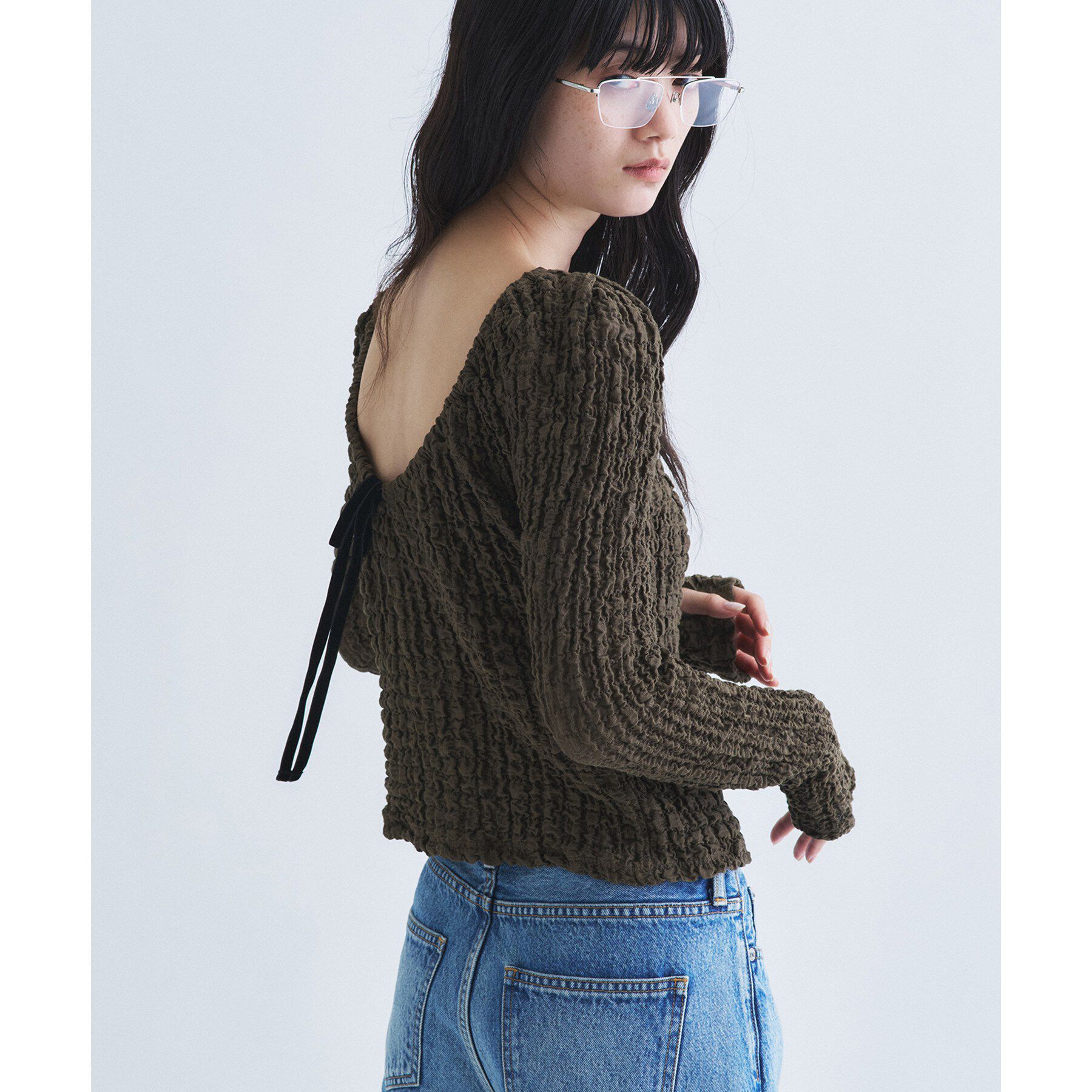 CODE A「crinkle ribbon 2way top」|Tシャツ・カットソー|カーキ(027)