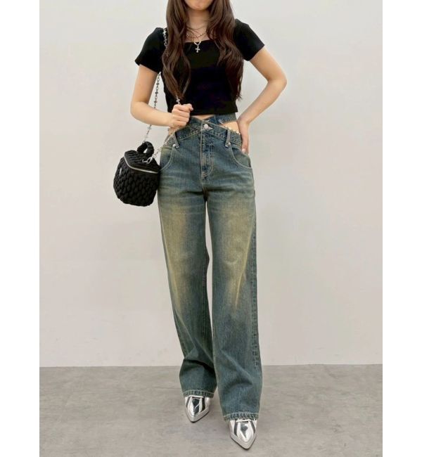 EVRIS「ハーフスリーブバックリボンスクエアネックトップス」|Tシャツ・カットソー|