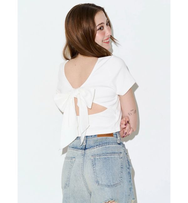 EVRIS「ハーフスリーブバックリボンスクエアネックトップス」|Tシャツ・カットソー|