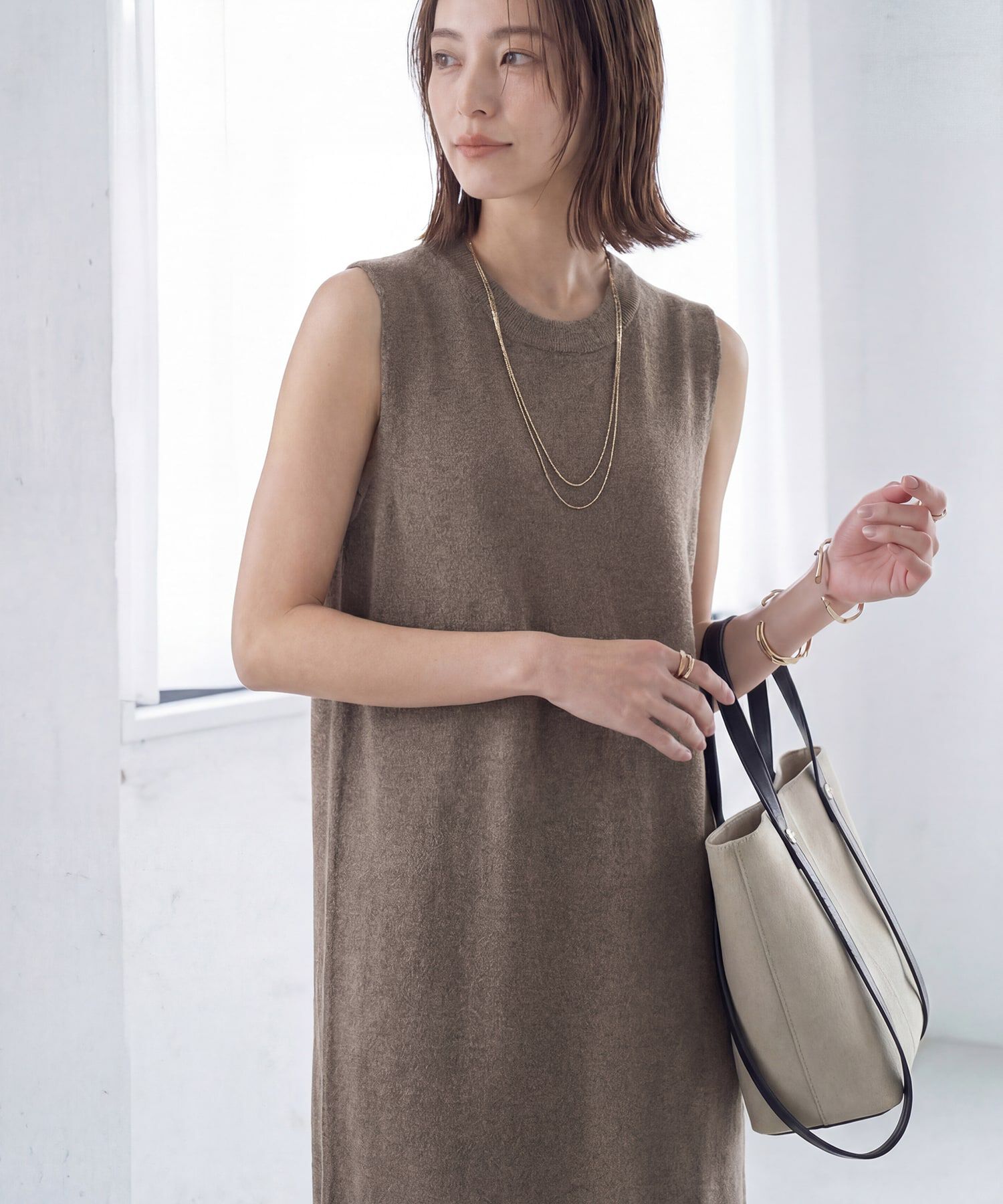 STYLE DELI「ニュアンス糸のシャリ感ノースリIラインワンピース」|ワンピース|