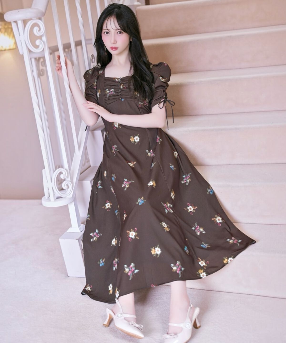 WILLSELECTION「フローラルベリープリントギャザースリーブワンピース」|ワンピース|