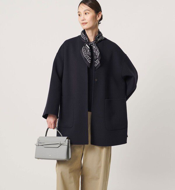 UNITED ARROWS「バイカラー リバー ミドルコート」|ノーカラーコート|NAVY
