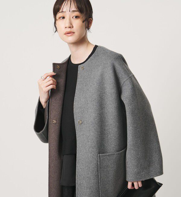 UNITED ARROWS「バイカラー リバー ミドルコート」|ノーカラーコート|