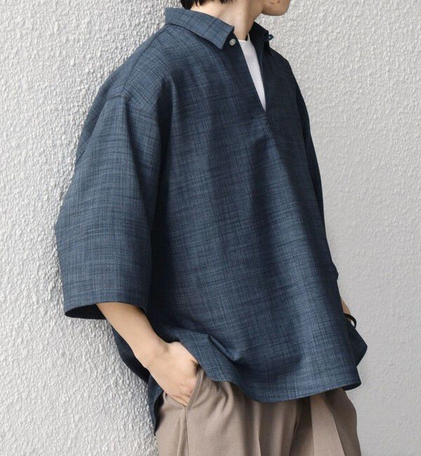 SHIPS any「SHIPS any:〈UVカット〉FUTURE LINEN CANVAS リネンライク スキッパー プルオーバーシャツ◇」|シャツ・ブラウス|ブルー