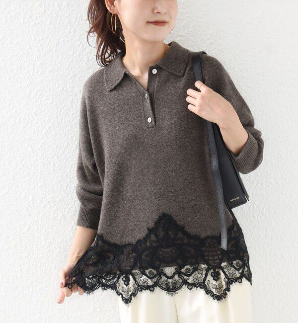 SHIPS for women「《予約》【WEB限定】〈手洗い可能〉レーストリム スキッパー ポロ襟 ニット」|ニット・セーター|ブラウン