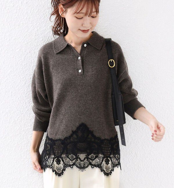 SHIPS for women「《予約》【WEB限定】〈手洗い可能〉レーストリム スキッパー ポロ襟 ニット」|ニット・セーター|
