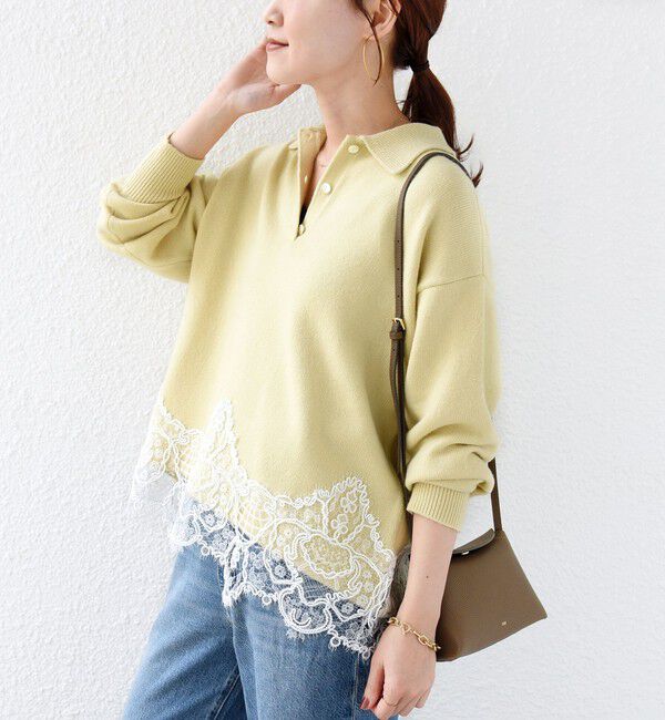SHIPS for women「《予約》【WEB限定】〈手洗い可能〉レーストリム スキッパー ポロ襟 ニット」|ニット・セーター|ライトイエロー