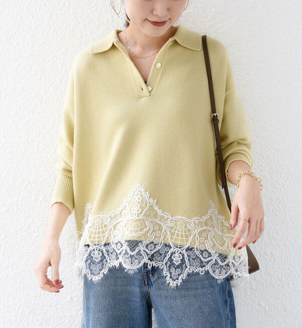SHIPS for women「《予約》【WEB限定】〈手洗い可能〉レーストリム スキッパー ポロ襟 ニット」|ニット・セーター|