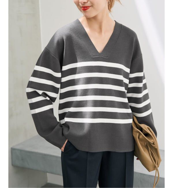 Spick and Span「《WEB限定カラー有り / 予約》ボーダーVネックニットプルオーバー」|ニット・セーター|グレーベース