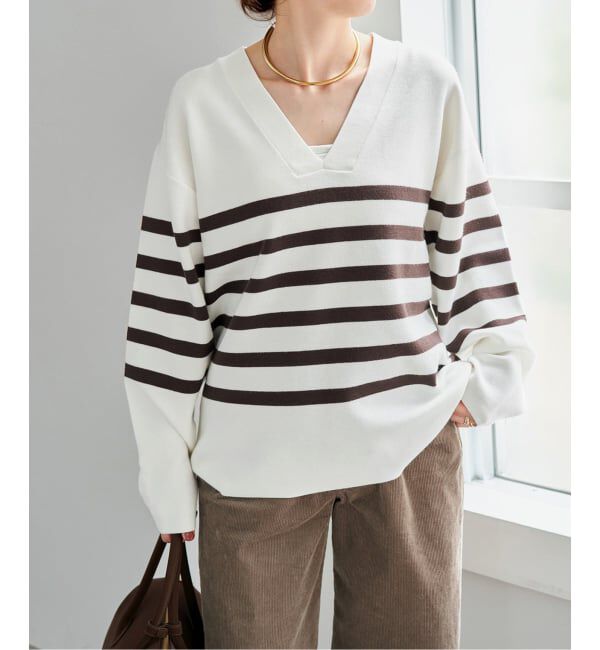 Spick and Span「《WEB限定カラー有り / 予約》ボーダーVネックニットプルオーバー」|ニット・セーター|ブラウンベース