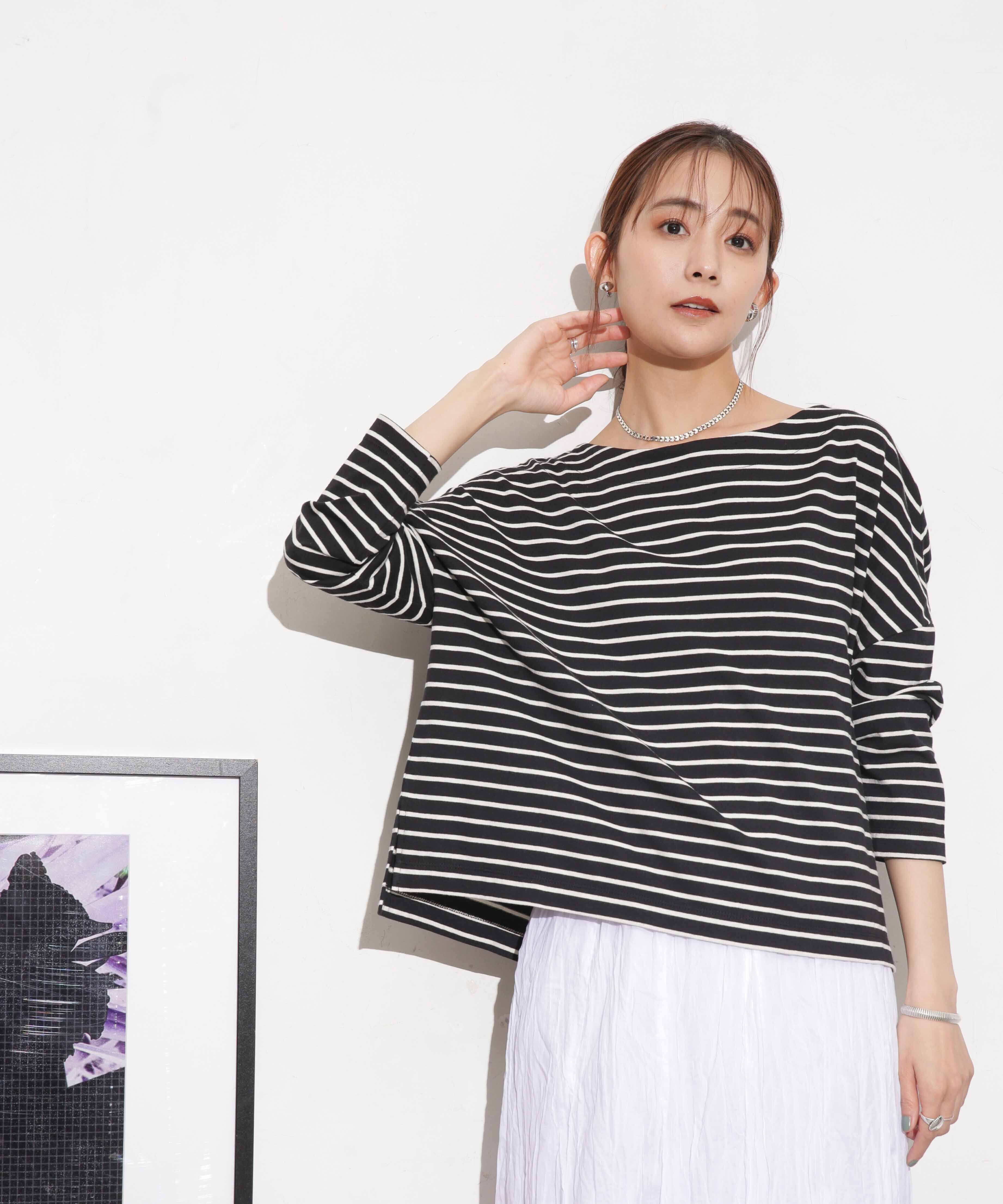 NANO universe「WEB限定/ボーダーワイドドロップトップス」|Tシャツ・カットソー|