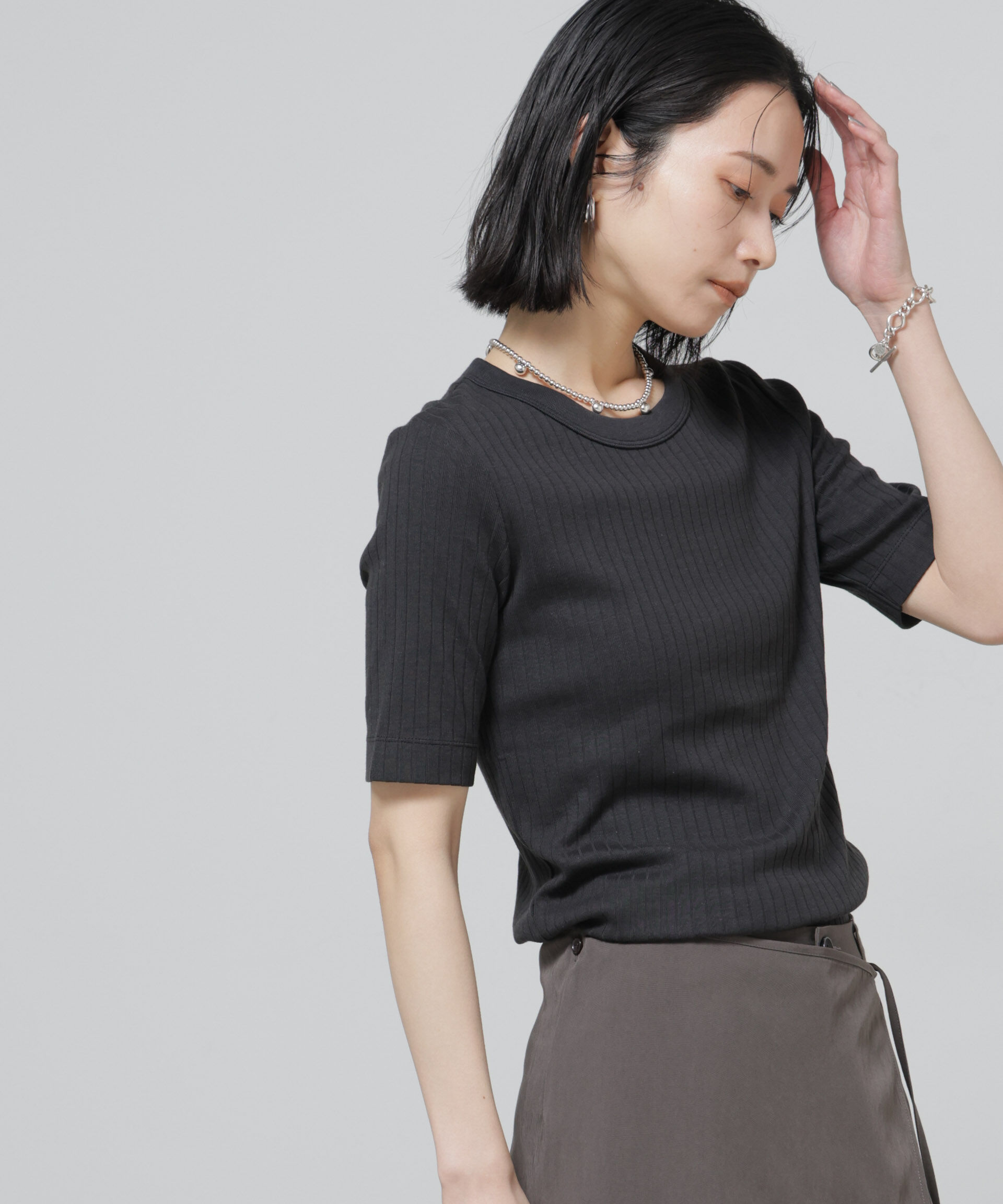 NANO universe「【選べる4色展開！】Anti Soaked(R) 汗染み防止クルーネックリブTシャツ」|Tシャツ・カットソー|