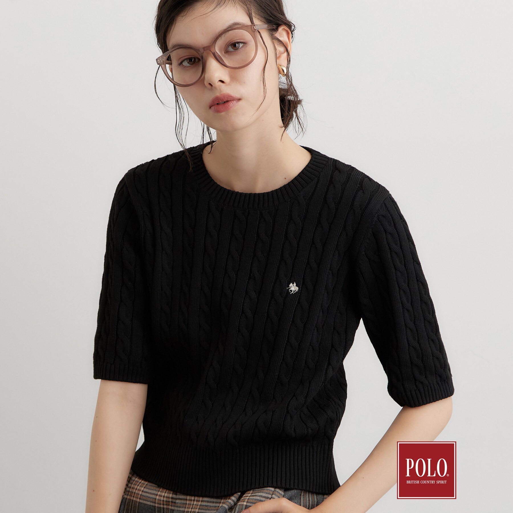 THE SHOP TK「POLO BCS/ケーブル5分袖ニット」|ニット・セーター|ブラック(019)