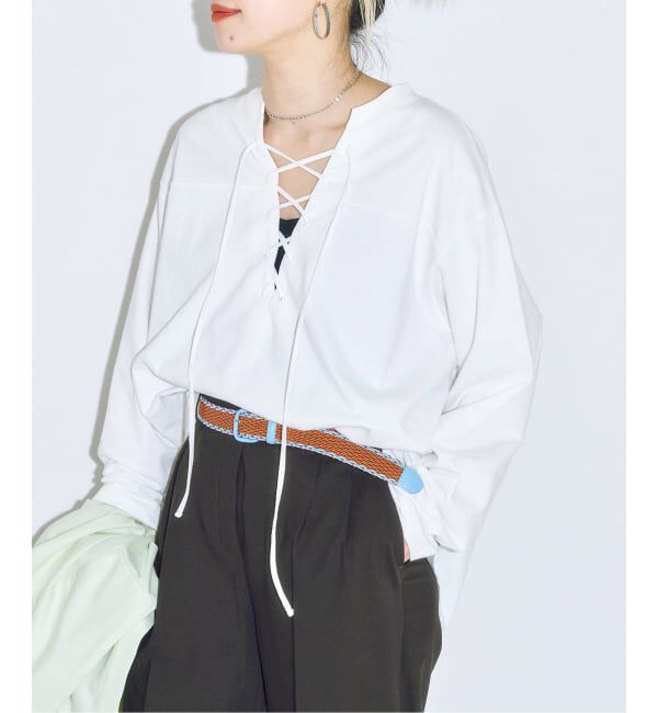  「《追加2》[THE MOOD]レースアップロングTシャツ」|Tシャツ・カットソー|