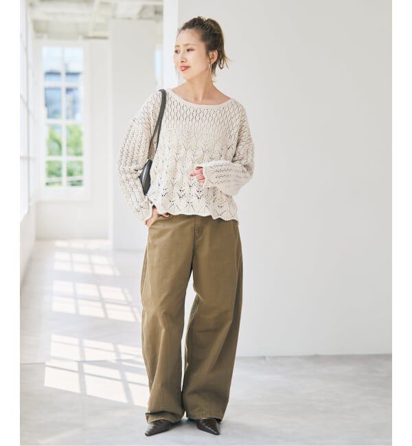 Spick and Span「《予約》コットン混透かし編みボートネックプルオーバー」|ニット・セーター|