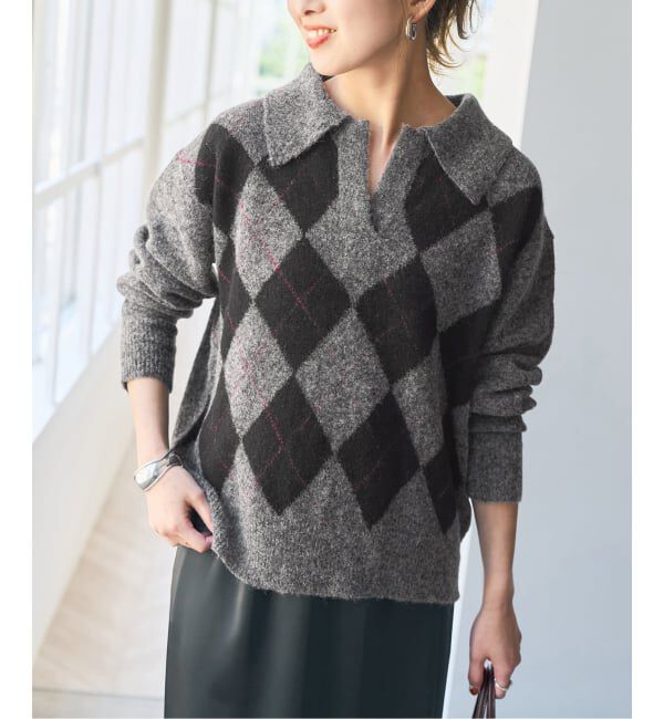 Spick and Span「《予約》アーガイルスキッパー襟ニット」|ニット・セーター|グレー