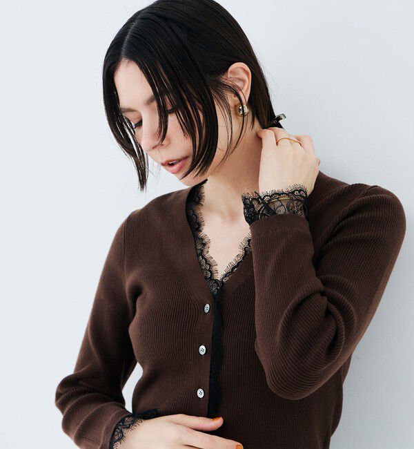 NOLLEY'S sophi「《手洗い可能》レース付きリブVネックカーディガン」|カーディガン|
