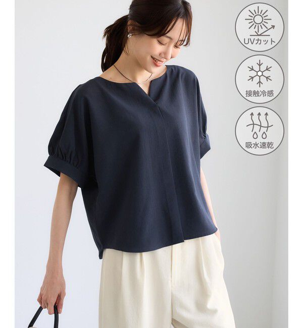 Rope&rsquo;Picnic「エアリーリネンライク キーネックブラウス/接触冷感・UVカット・速乾」|シャツ・ブラウス|ネイビー(40)