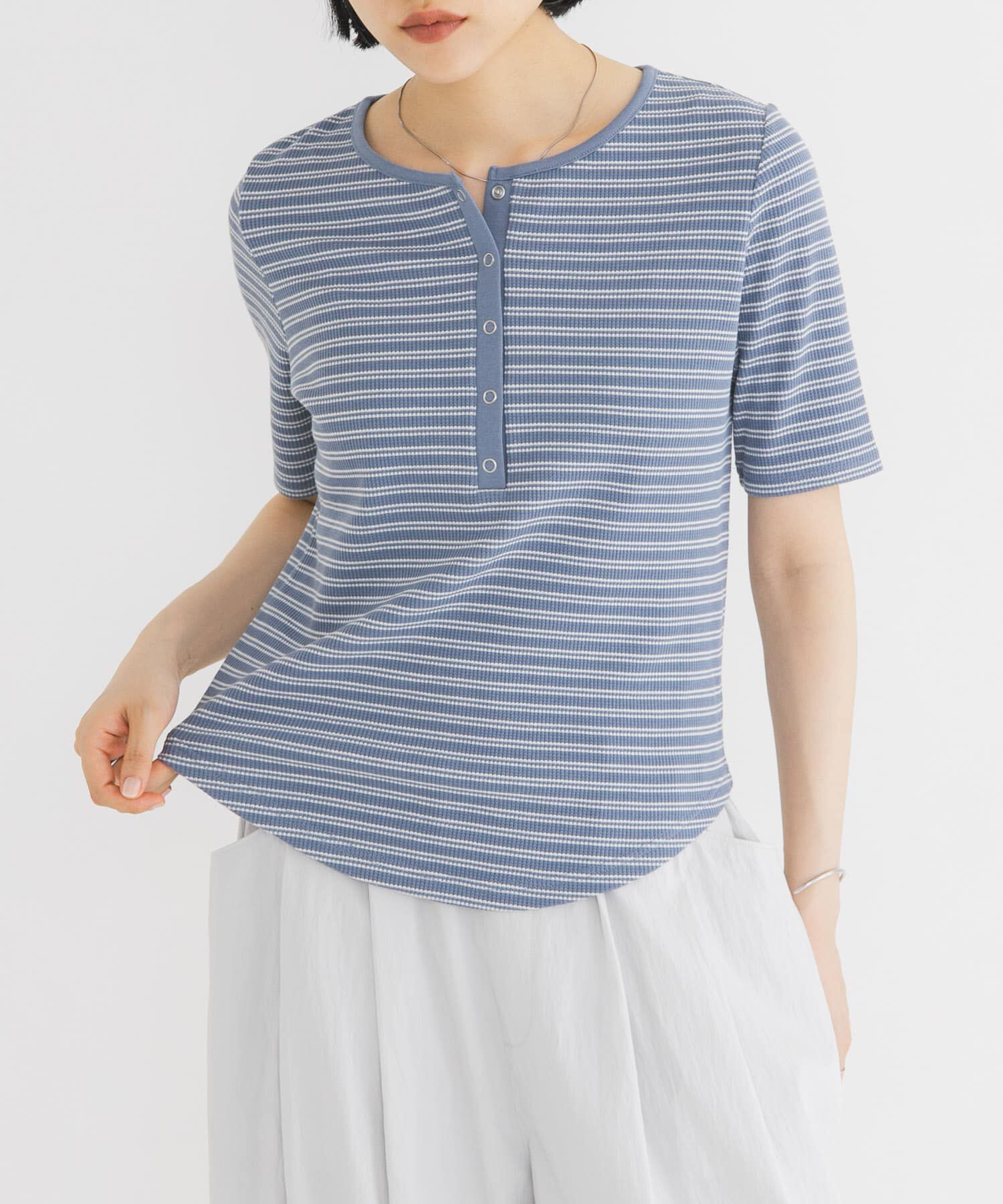  「ワッフルボーダーヘンリネックTEE」|Tシャツ・カットソー|