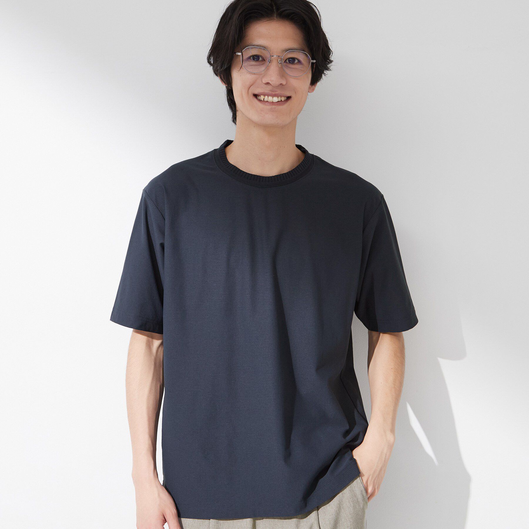 THE SHOP TK「【吸水速乾／UVカット／接触冷感】ミニリップル半袖Tシャツ」|Tシャツ・カットソー|ネイビー(094)