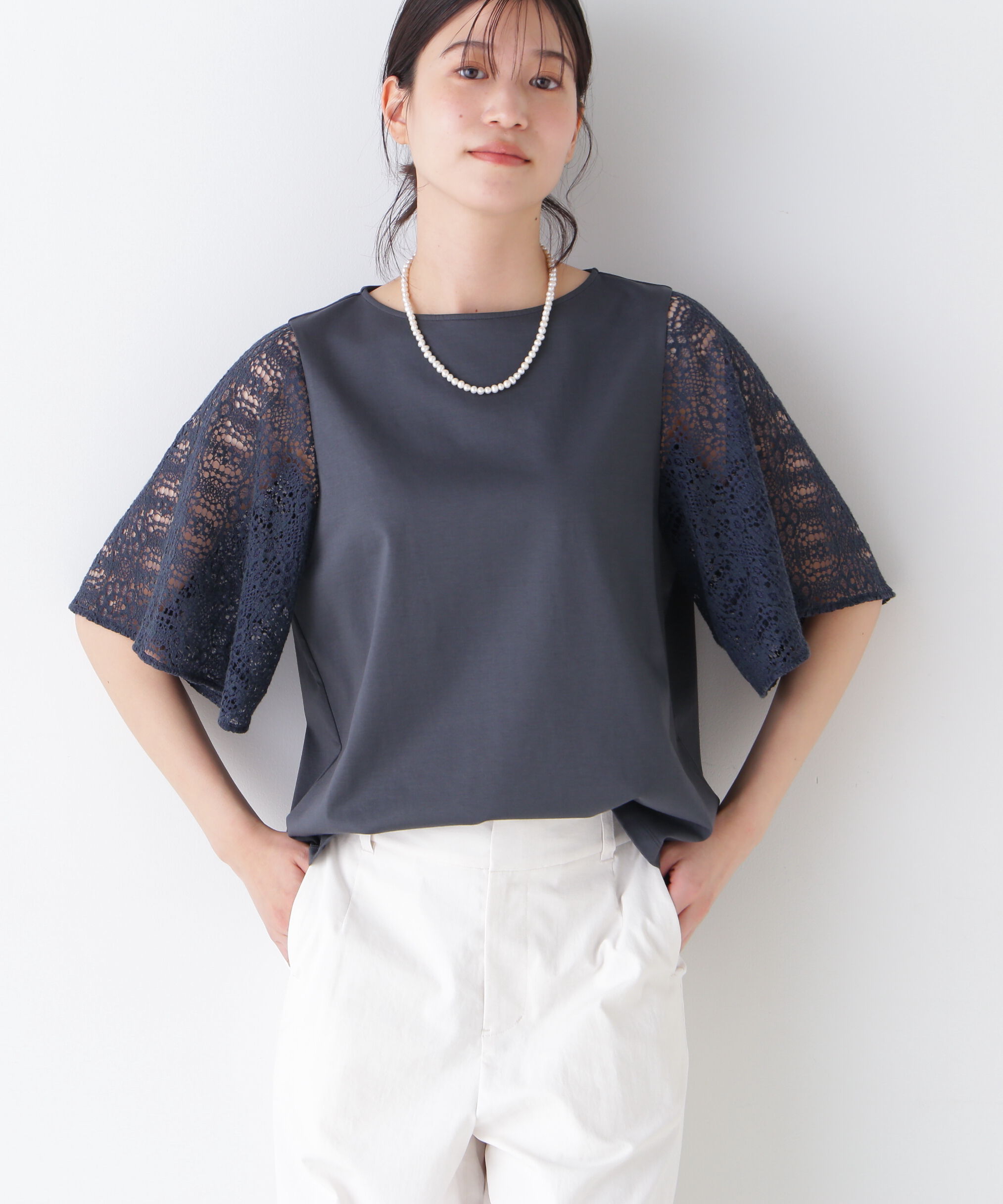  「◆≪接触冷感≫ ラッセルレースドッキングカットソープルオーバー」|Tシャツ・カットソー|チャコール1