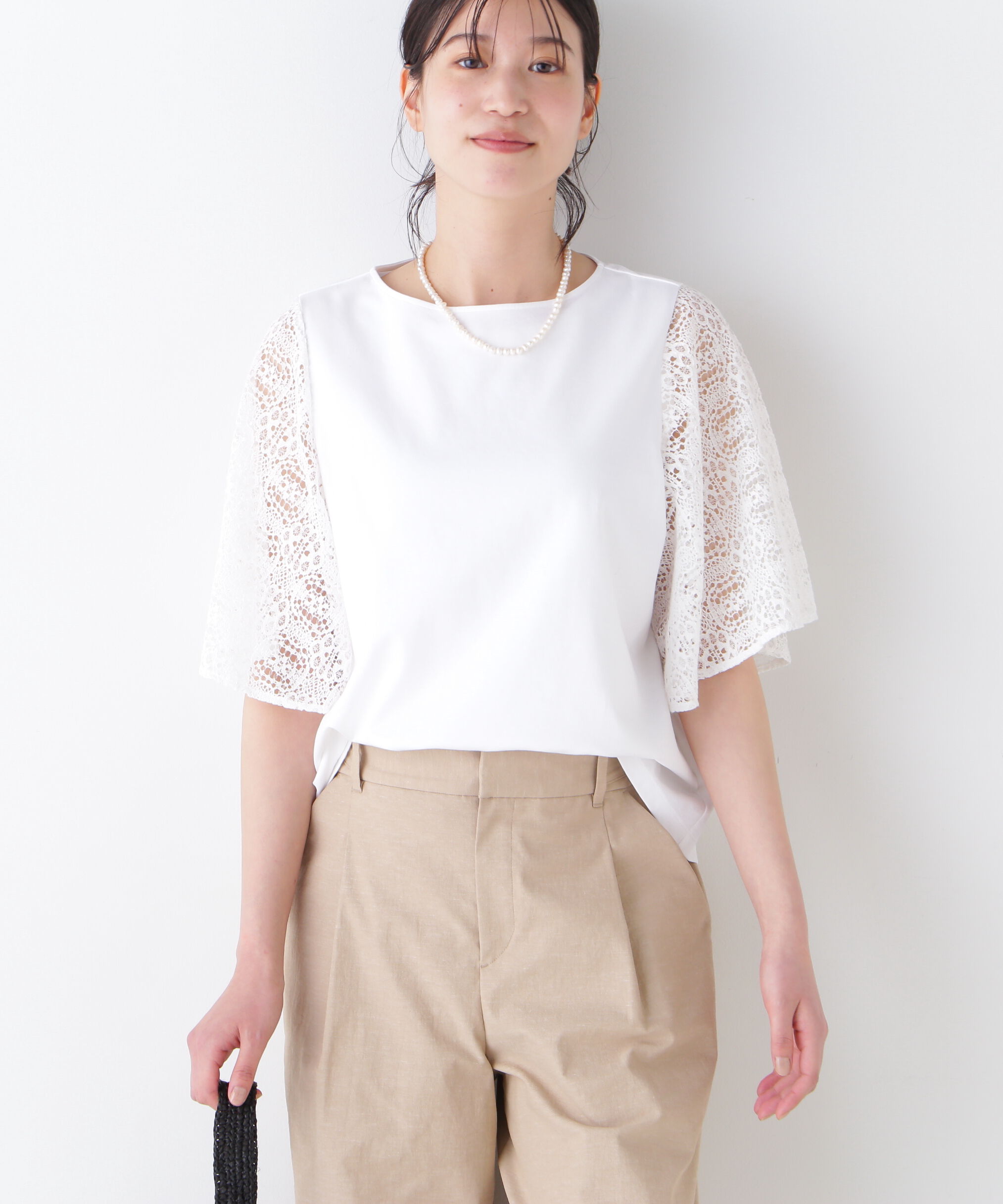  「◆≪接触冷感≫ ラッセルレースドッキングカットソープルオーバー」|Tシャツ・カットソー|ホワイト