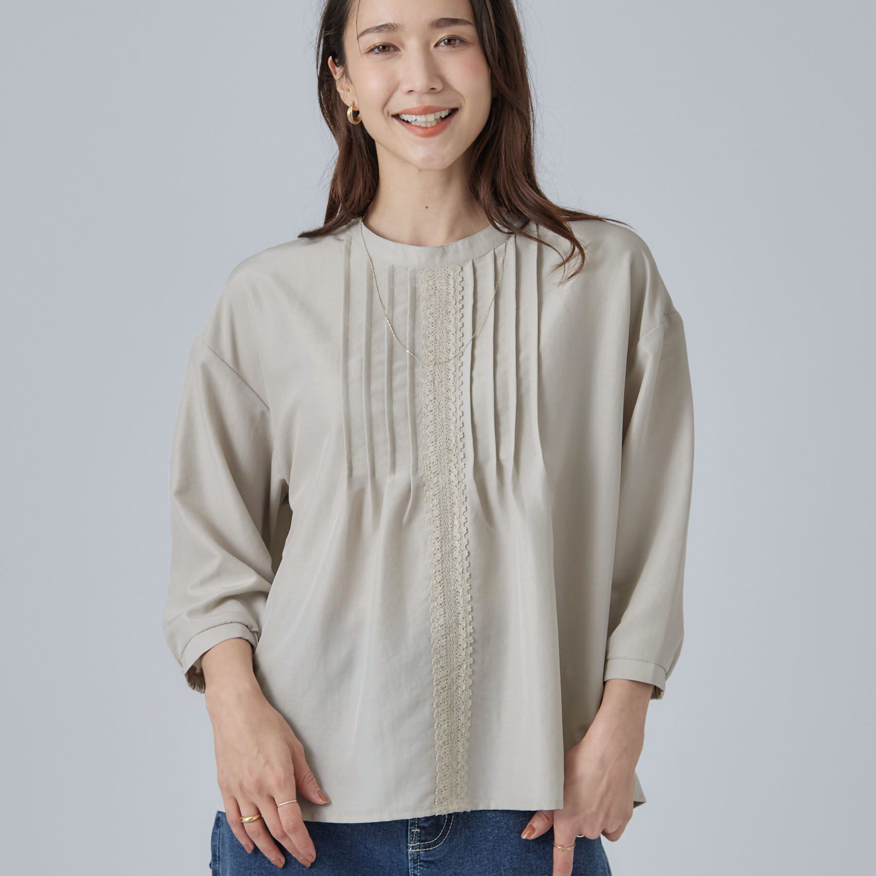 SHOO･LA･RUE「【S-LL/洗濯機可】1枚で華やかに フロントレース7分袖ブラウス」|シャツ・ブラウス|