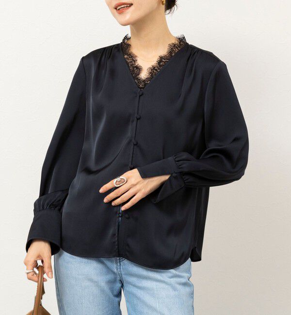 NOLLEY'S sophi「ウォッシャブルレーストリミングVネックブラウス」|シャツ・ブラウス|ネイビー