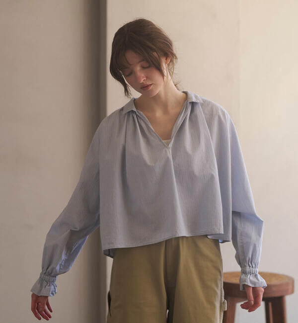  「INDIA INDUSTRY | コットン 長袖スキッパーシャツ STRIPE WOMEN」|シャツ・ブラウス|