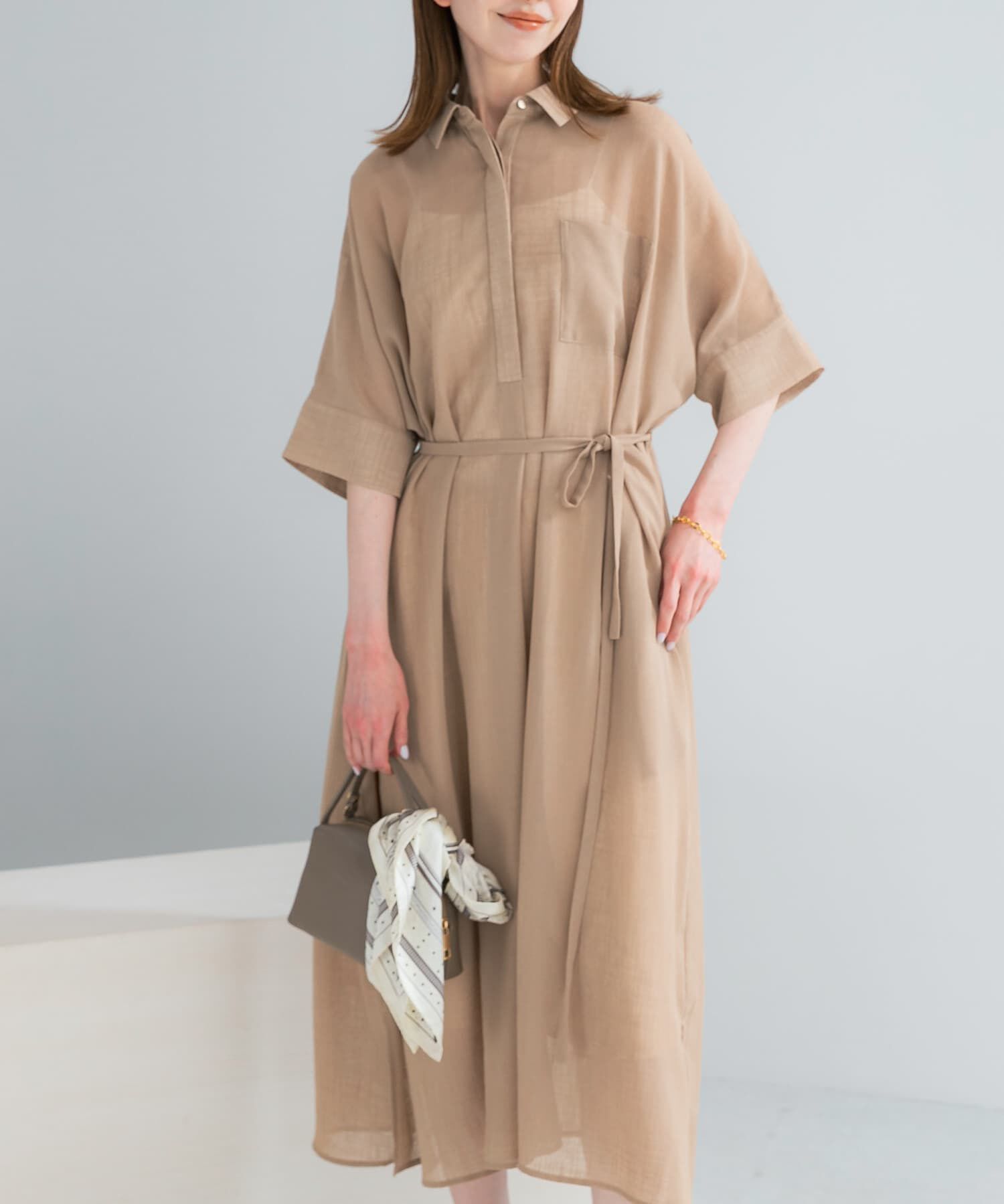 URBAN RESEARCH ROSSO「セミシアー5分袖シャツワンピース」|ワンピース|ベージュ