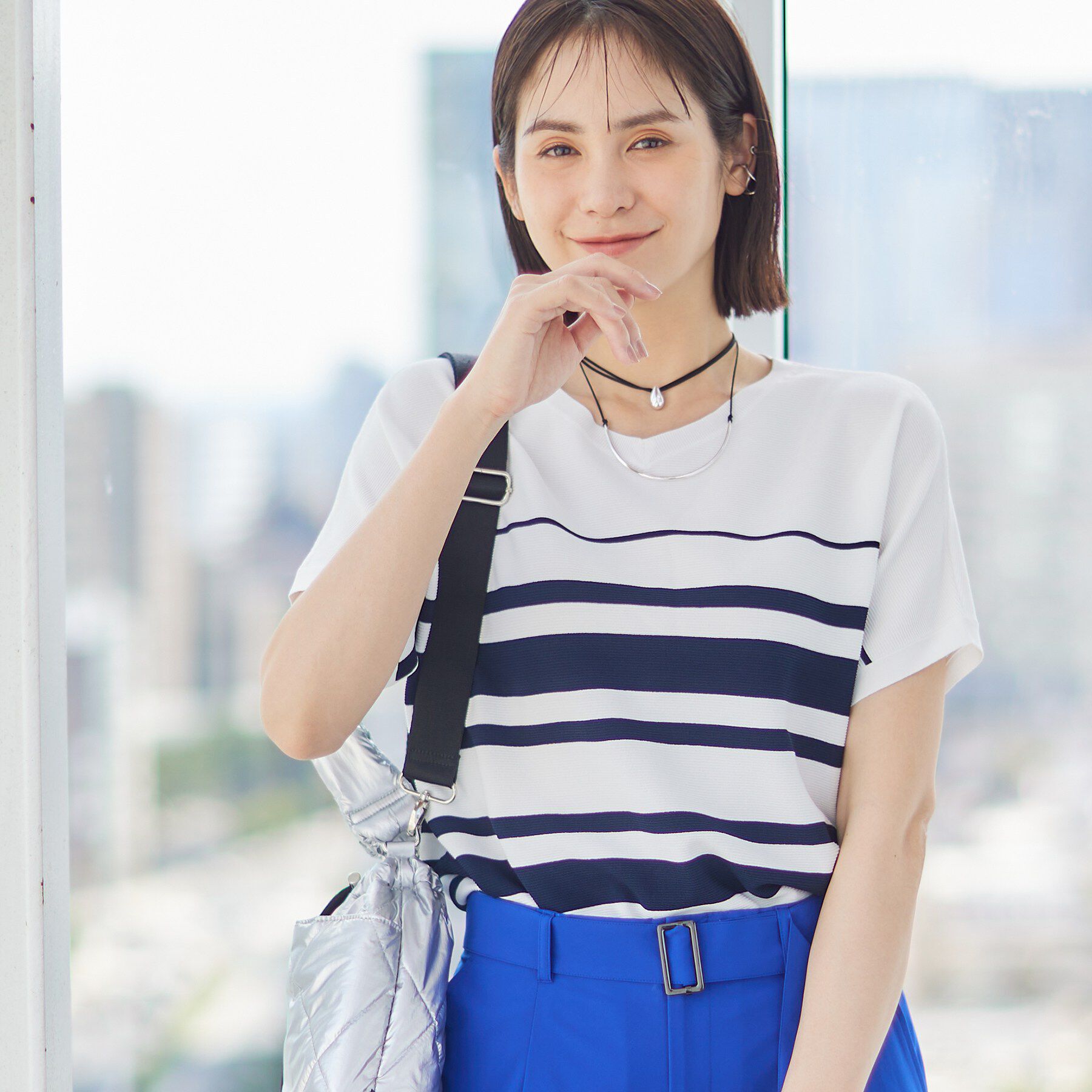 INDIVI「【洗える】ガーター編みVネックニットT」|ニット・セーター|ネイビー(394)