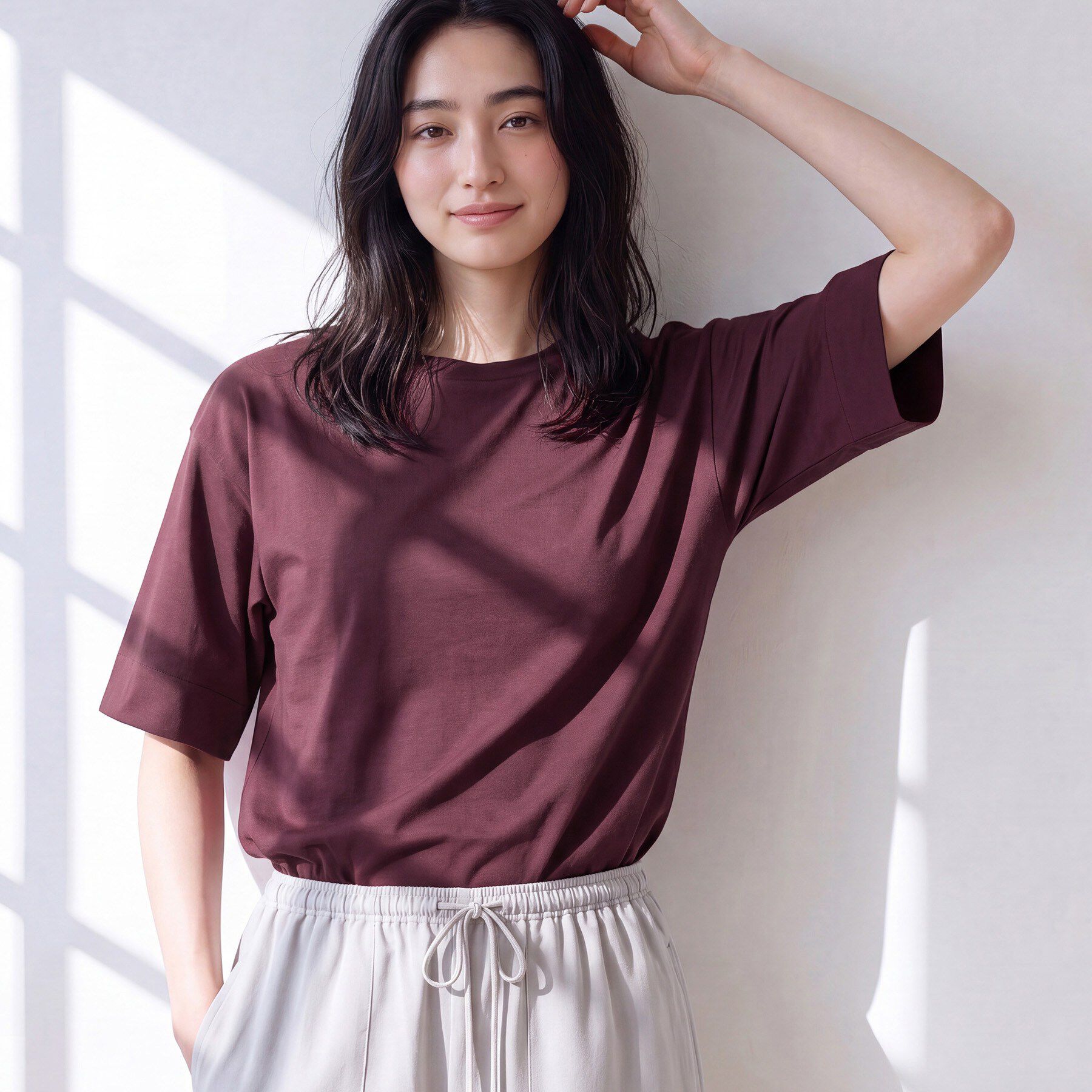 Dessin「【汗シミ防止/UVカット】配色スリーブ 五分袖プルオーバー」|Tシャツ・カットソー|