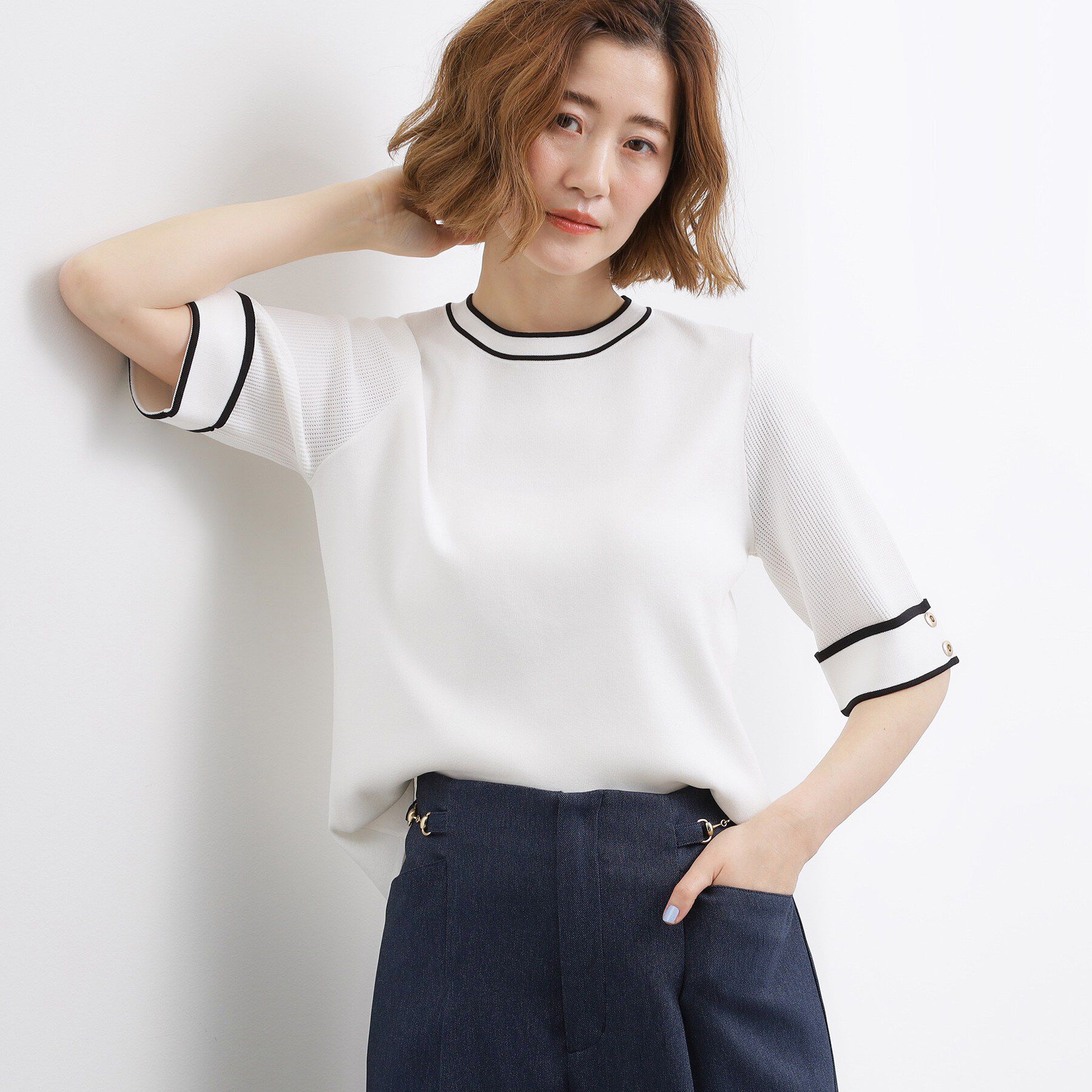 grove「新色追加！【シリーズ累計36万枚/名品ニット】やわらかドライタッチ 袖メッシュ編みニット」|ニット・セーター|オフ&times;ブラック(00