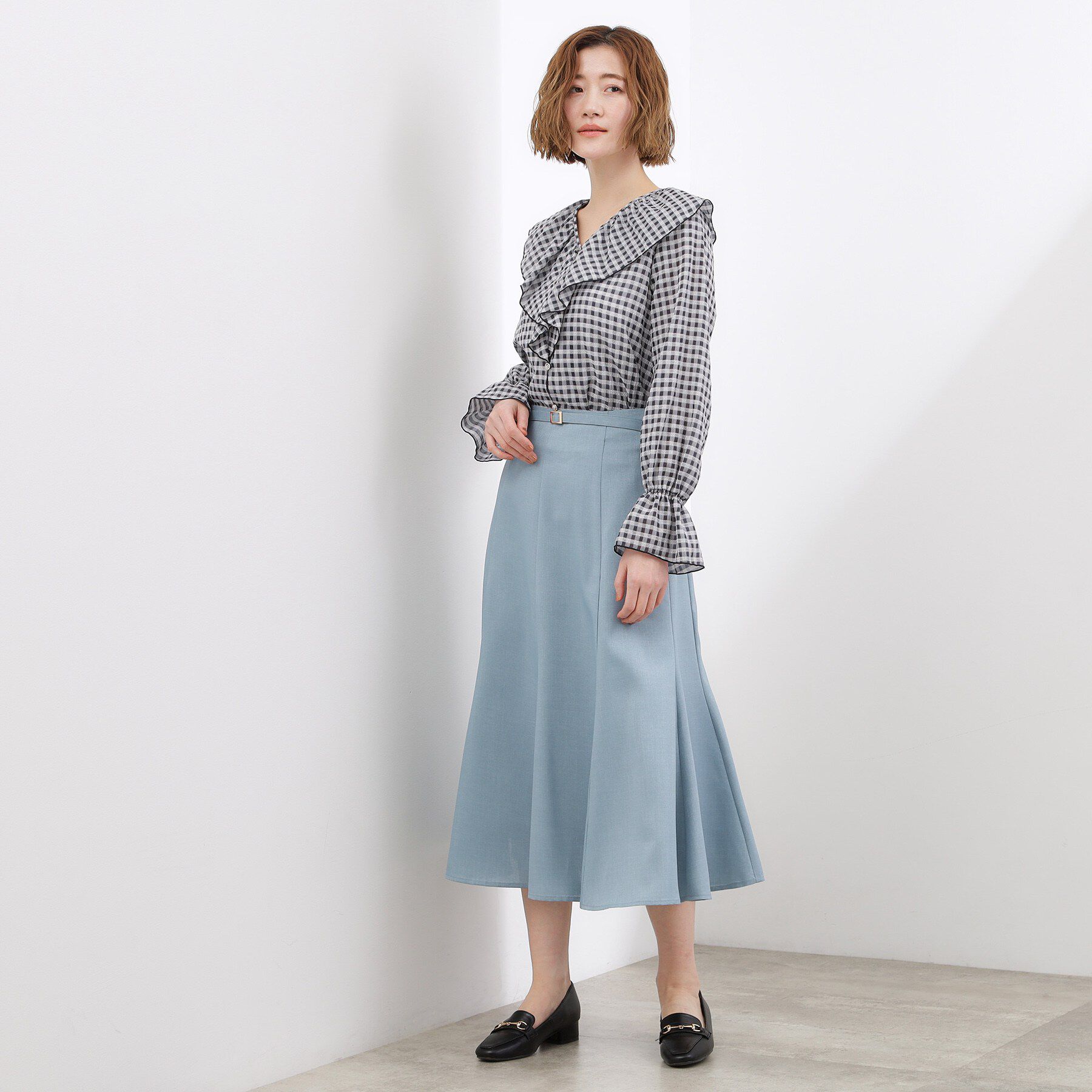 grove「高評価！大人の華やぎチェックフリルブラウス」|シャツ・ブラウス|