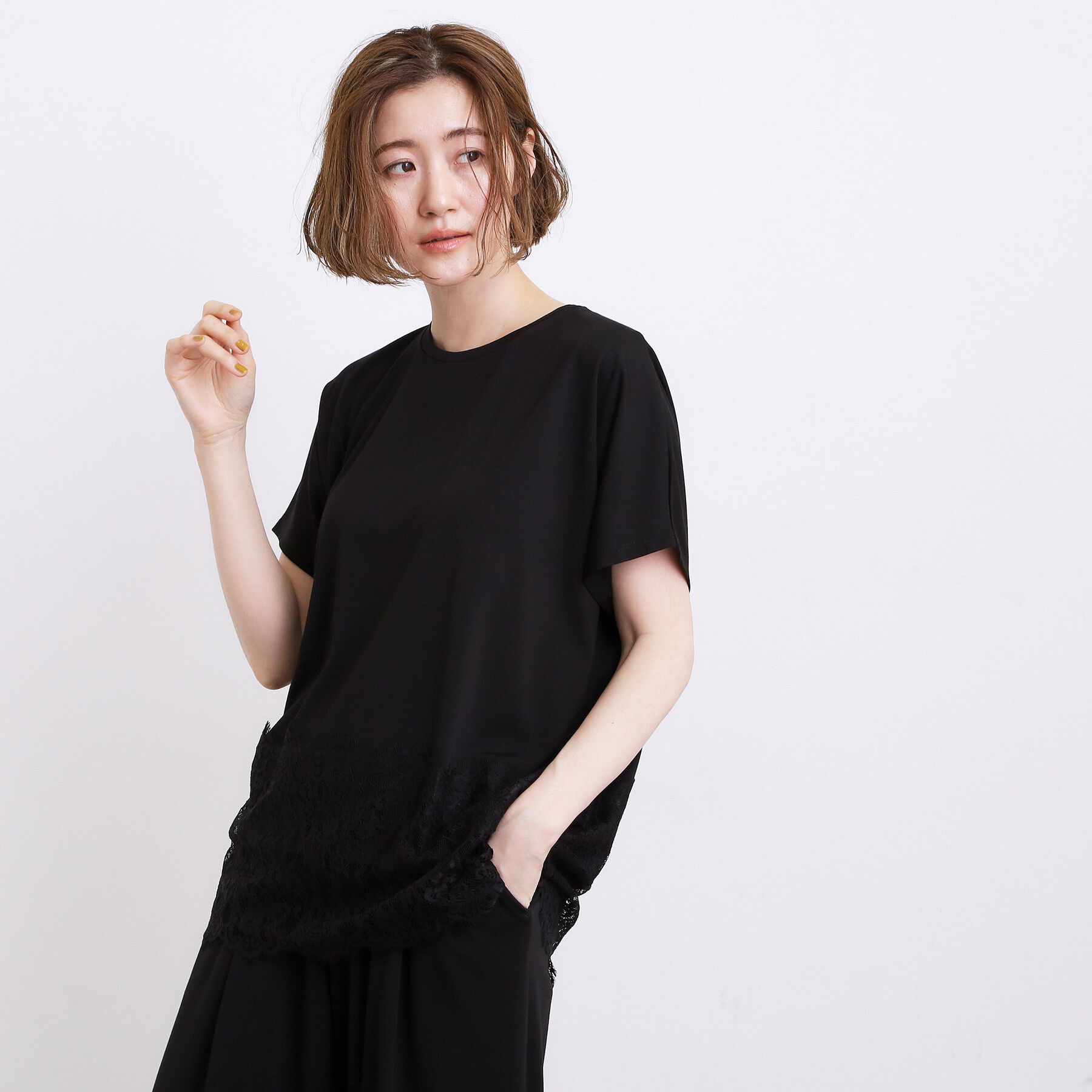 grove「【持続冷感/SET UP可】ひんやりポンチシリーズ／裾レースドルマンカットソー」|Tシャツ・カットソー|ブラック(019)