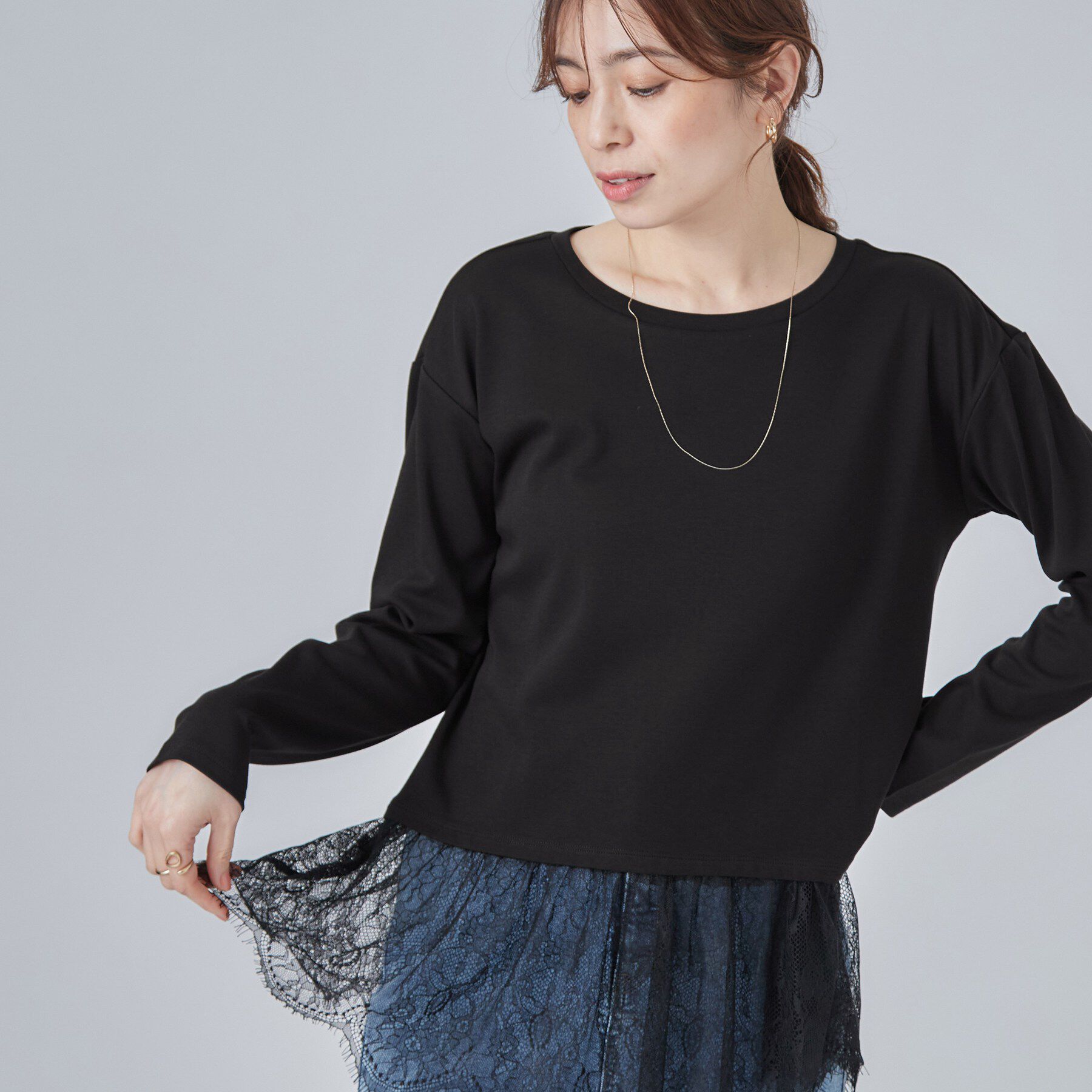 SHOO･LA･RUE「【洗濯機可/S-LL】着こなし広がる レイヤードアソートTシャツ」|Tシャツ・カットソー|ブラック(419)