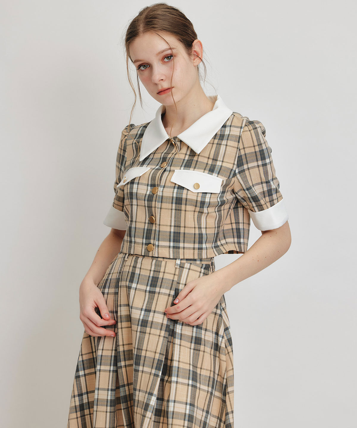 REDYAZEL「バイカラーチェックブラウス&times;フレアロングスカートセットアップ」|ワンピース|beige/ﾁｪｯｸ