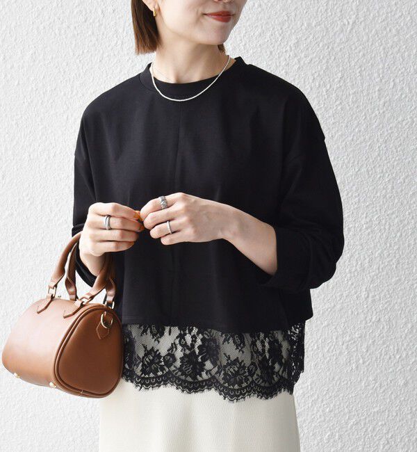 SHIPS any「《予約》SHIPS any:〈洗濯機可能〉ジップ レース ヘム ロングスリーブ TEE」|Tシャツ・カットソー|ブラック