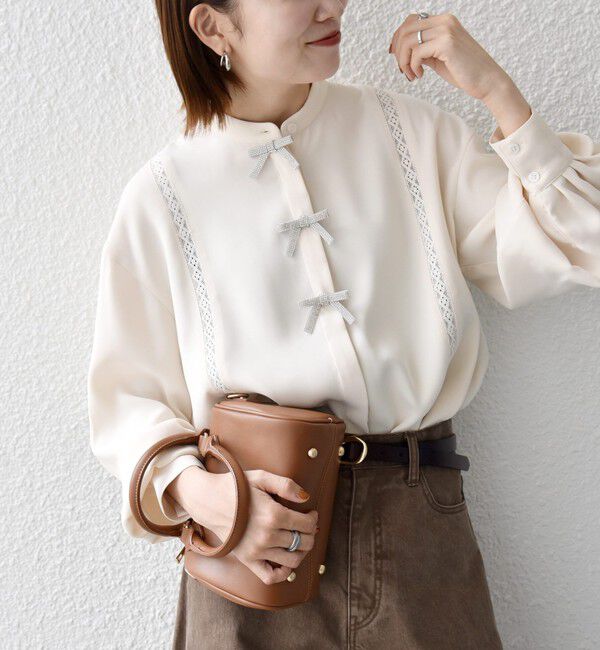 SHIPS any「《予約》〈手洗い可能〉リボン モチーフ スタンドカラー シャツ ブラウス［NAVY BLUE］」|シャツ・ブラウス|ナチュラル