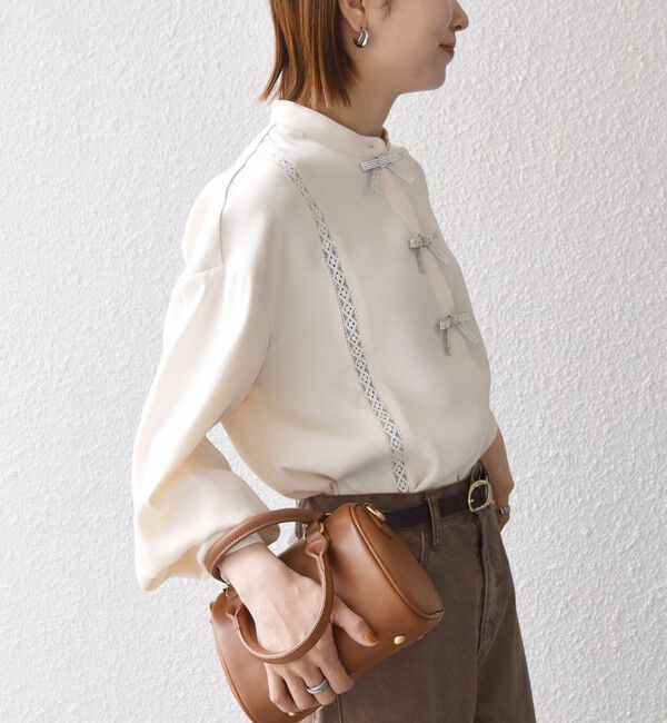 SHIPS any「《予約》〈手洗い可能〉リボン モチーフ スタンドカラー シャツ ブラウス［NAVY BLUE］」|シャツ・ブラウス|