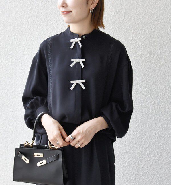 SHIPS any「《予約》〈手洗い可能〉リボン モチーフ スタンドカラー シャツ ブラウス［NAVY BLUE］」|シャツ・ブラウス|