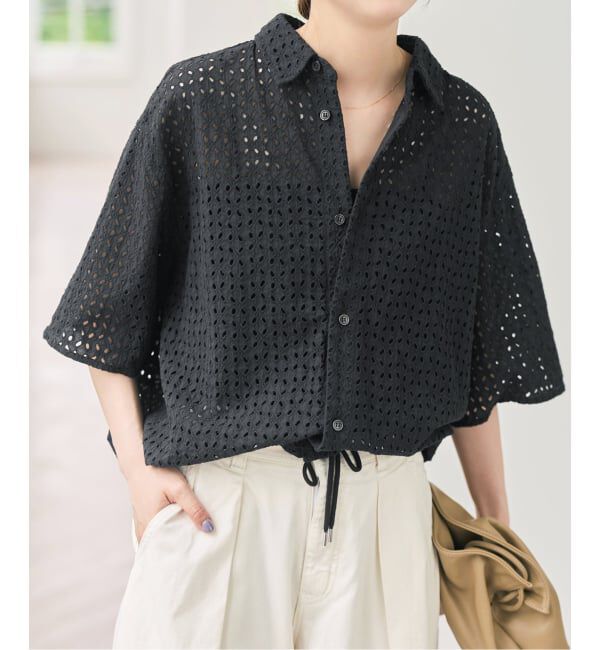 Spick and Span「《セットアップ可》カットワークエンブロイダリーハーフスリーブシャツ」|シャツ・ブラウス|ブラック
